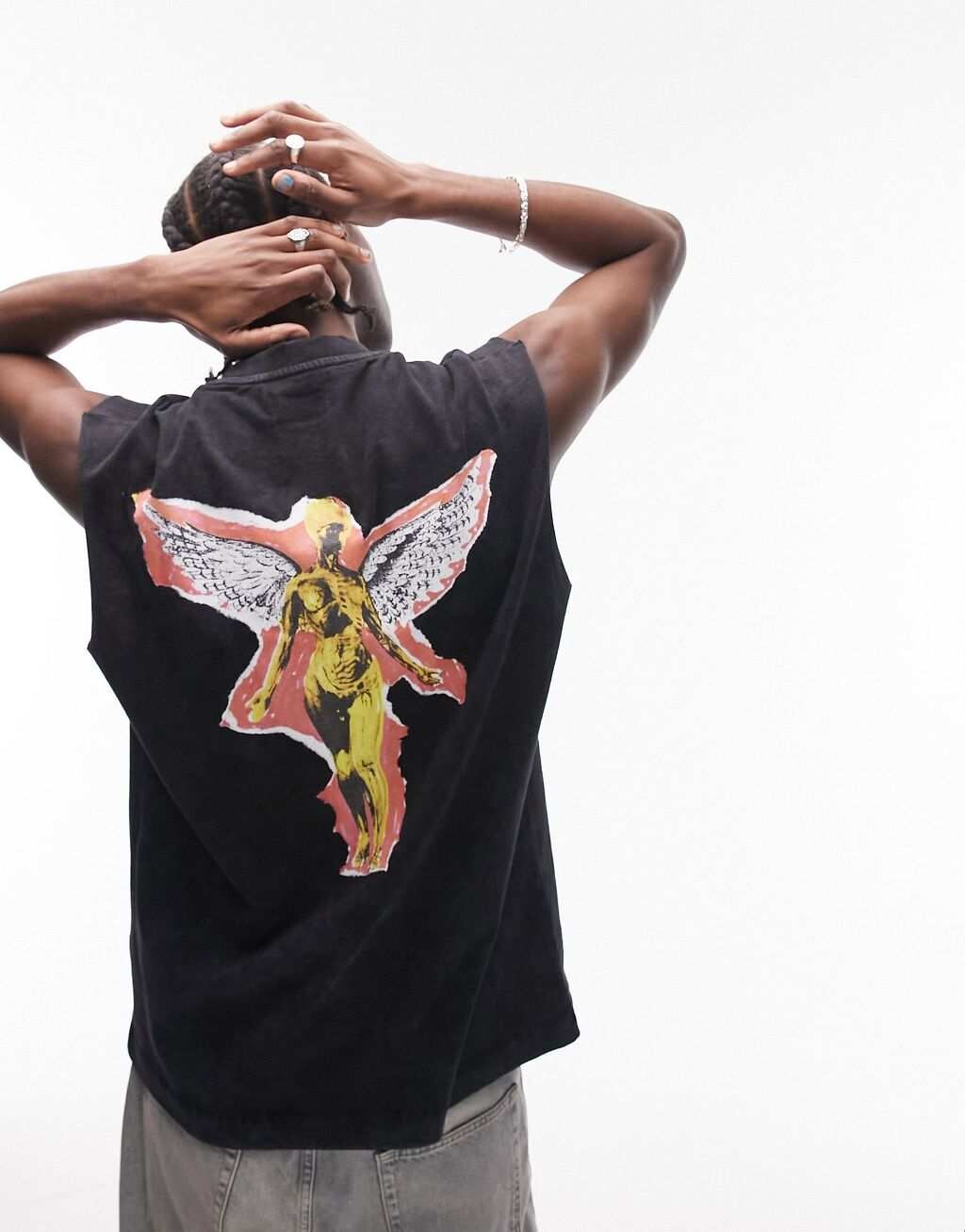

Черная майка оверсайз с отрезанными рукавами, принтом Nirvana angel спереди и сзади Topman