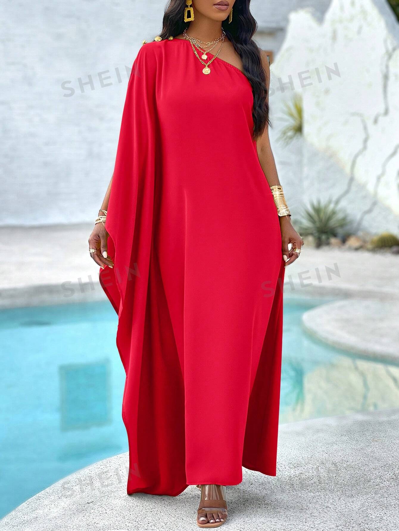 Сплошное повседневное платье свободного кроя на одно плечо, красный женское однотонное платье на одно плечо с длинным рукавом