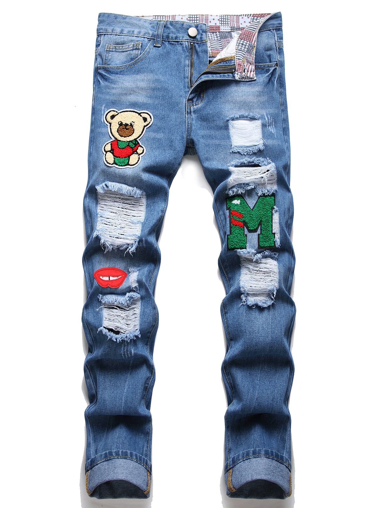 Мужские повседневные джинсы из денима с вышивкой в ​​виде букв и медведей и потертыми деталями, средняя стирка застиранные потертые и рваные джинсы голубые