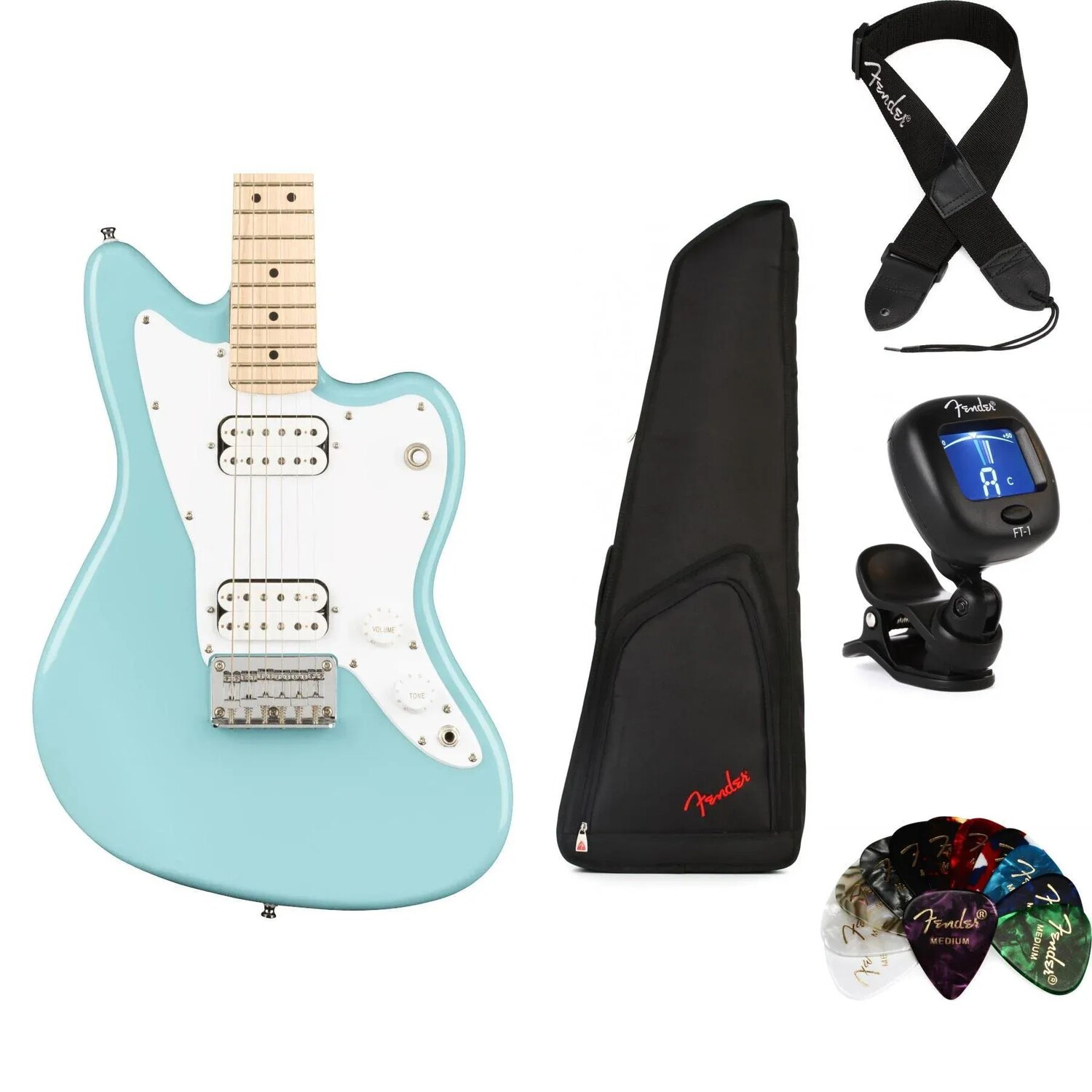 

Набор Squier Mini Jazzmaster HH Essentials — Daphne Blue с кленовой накладкой на гриф