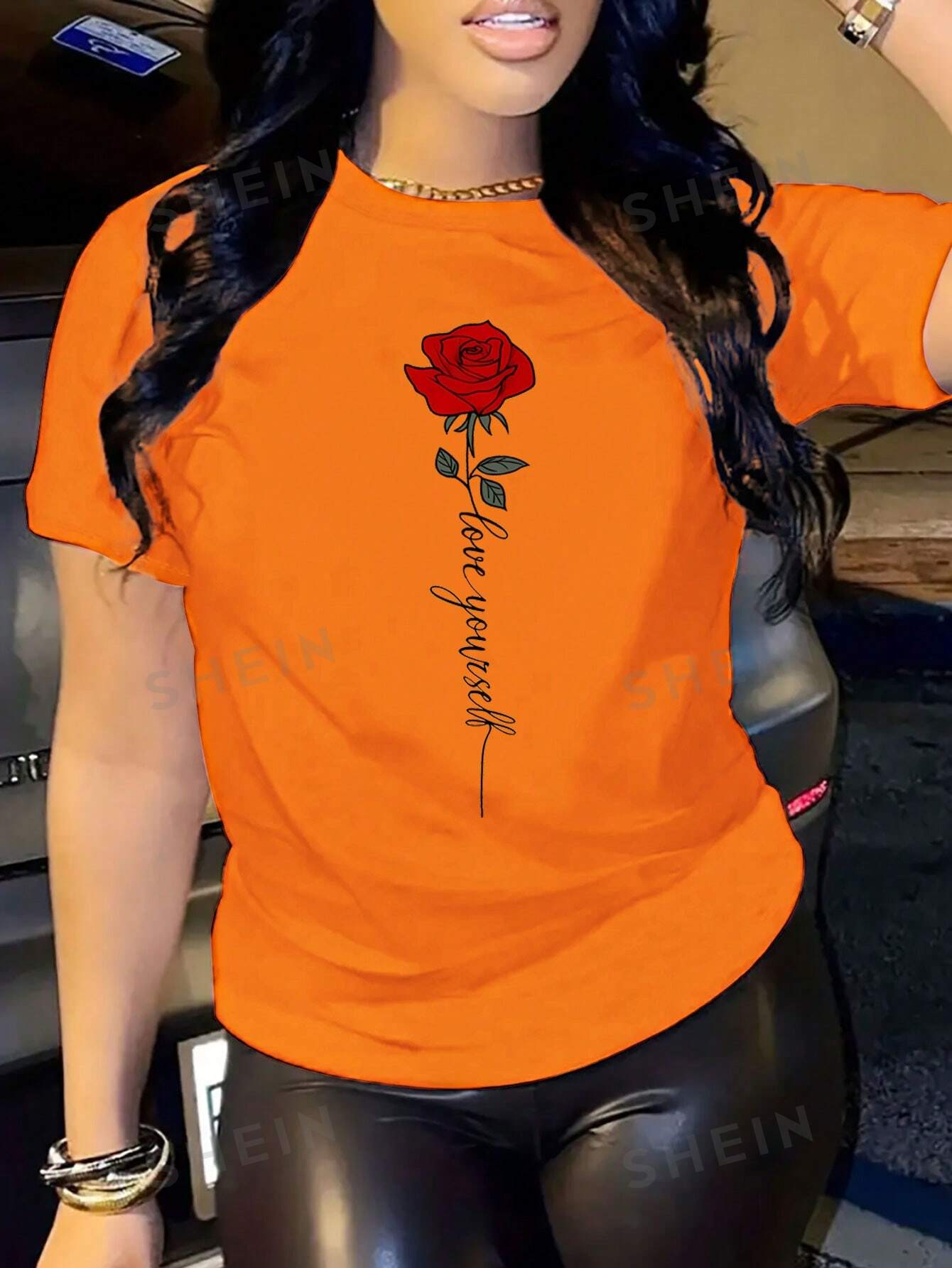 SHEIN Slayr Футболка с короткими рукавами и принтом цветов и букв, апельсин shein футболка с короткими рукавами и принтом slayr апельсин