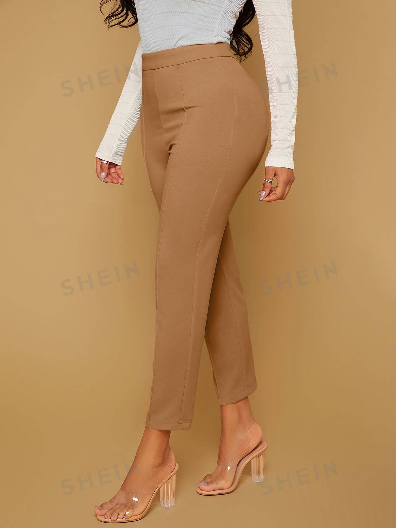 SHEIN SXY Женские однотонные брюки узкого кроя полной длины, верблюд цена и фото