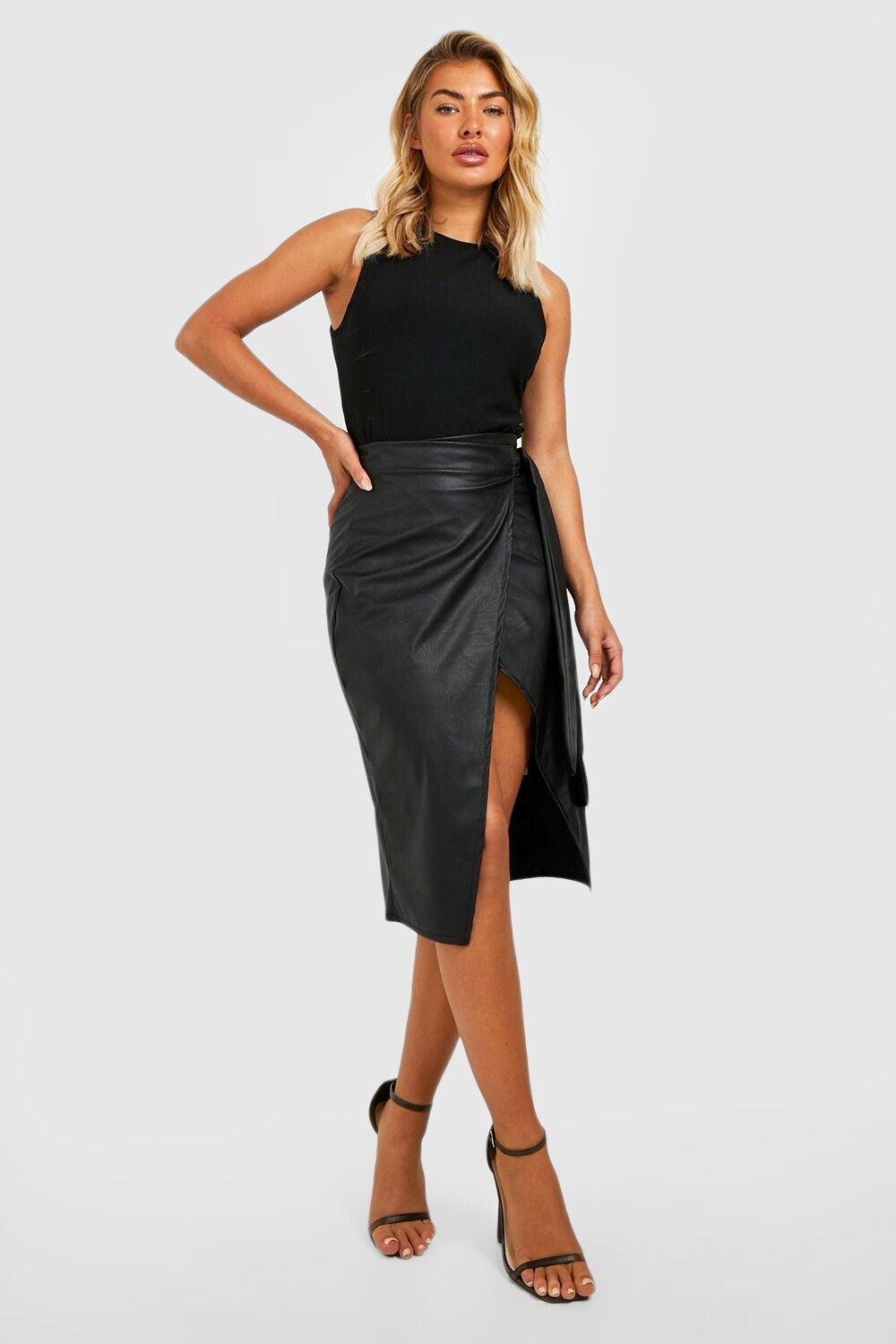 

Юбка миди из искусственной кожи с запахом Boohoo, черный