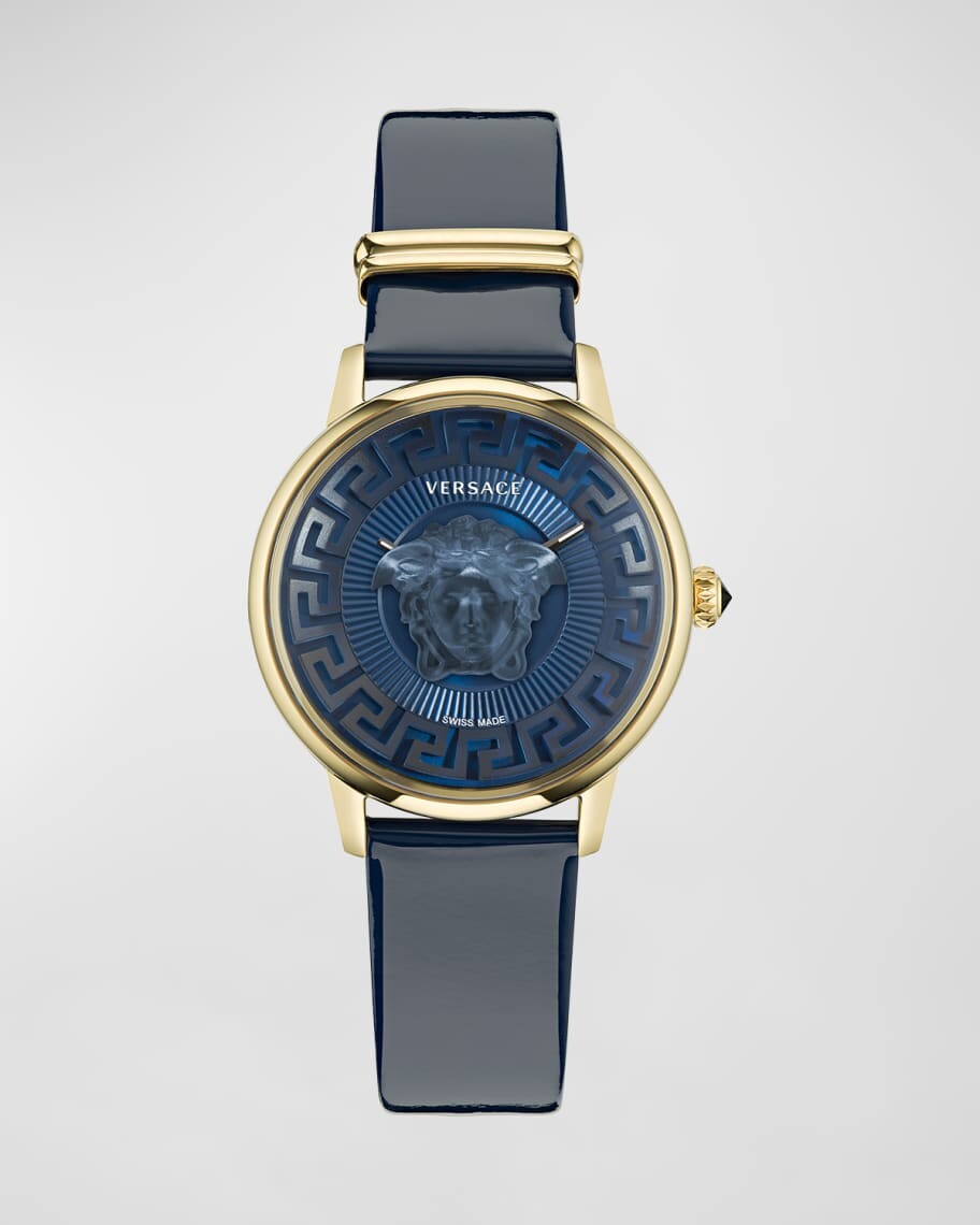 

Кожаные часы Medusa Alchemy, 38 мм, желтое золото/синий Versace