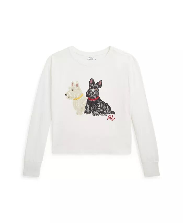 

Трикотажная футболка с длинными рукавами и принтом собаки для больших девочек Polo Ralph Lauren, белый