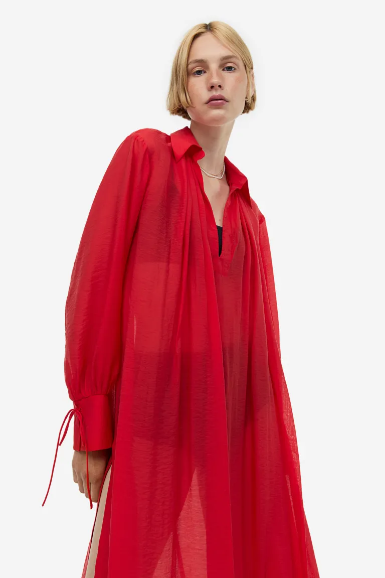 Платье-кафтан из лиоцелла H&M, красный платье длинное из хлопчатобумажной газовой ткани с длинными рукавами 44 бежевый