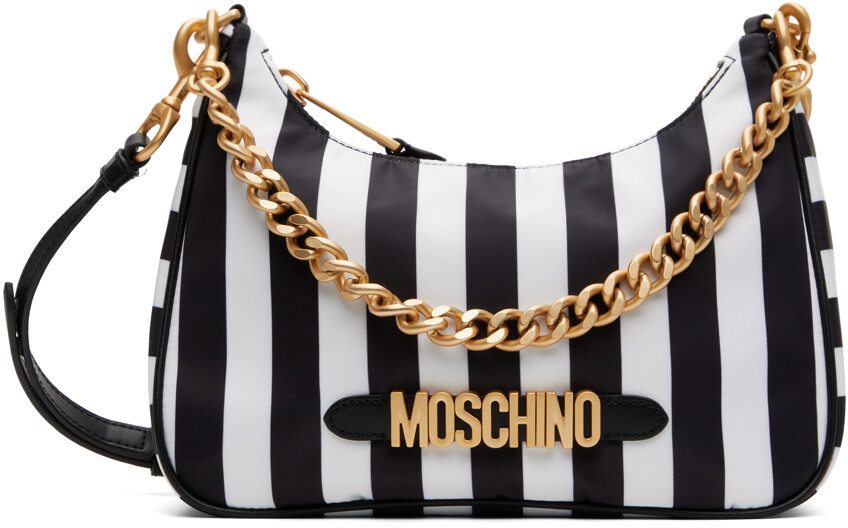 

Черно-белая сумка на плечо с логотипом в полоску Moschino, цвет Black/White