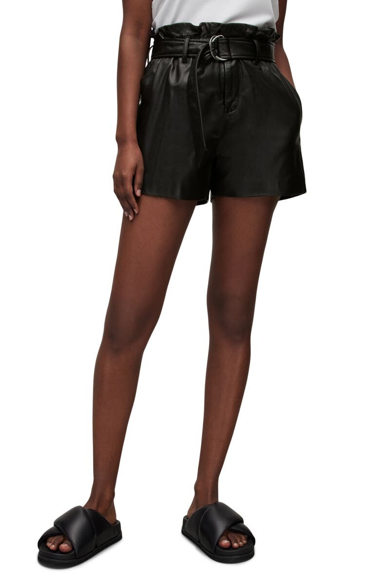 

Кожаные шорты Erica с поясом Paperbag Waist ALLSAINTS, черный