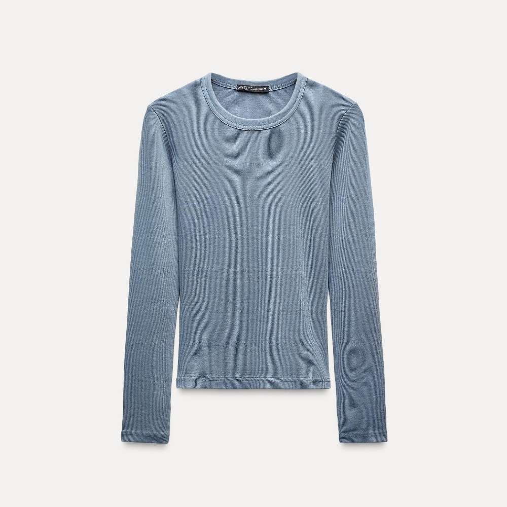 

Лонгслив Zara Long Sleeve Ribbed Washed-effect, светло-синий