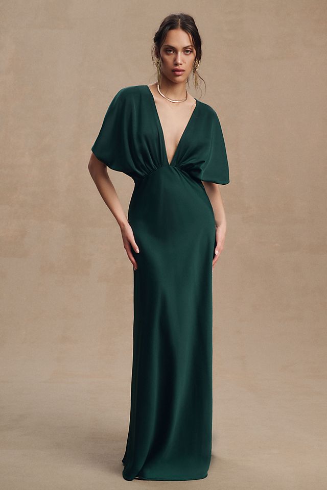 Платье Bhldn Leila атласное А-силуэта с глубоким V-образным вырезом и развевающимися рукавами, dark emerald