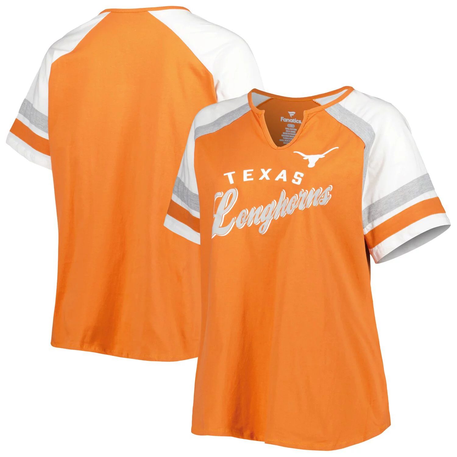 

Женская футболка Texas Orange Texas Longhorns размера плюс с аркой реглан с вырезом и вырезом