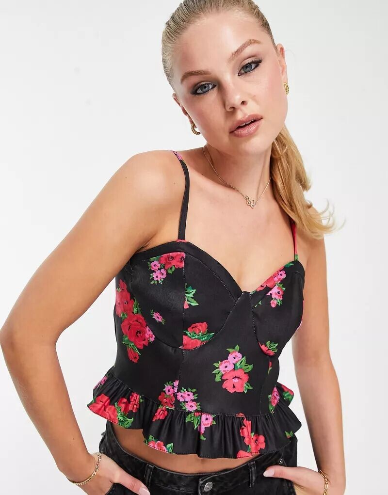 

Черный укороченный топ с корсетом и цветочным принтом New Look
