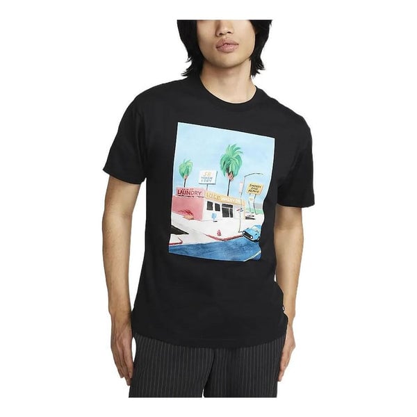 

Футболка Nike SB Skateboard Cartoon landscape Pattern Skateboard Round Neck Short Sleeve Black, мультиколор