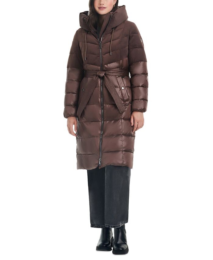 

Женское бархатное пуховик с поясом и капюшоном Vince Camuto, коричневый