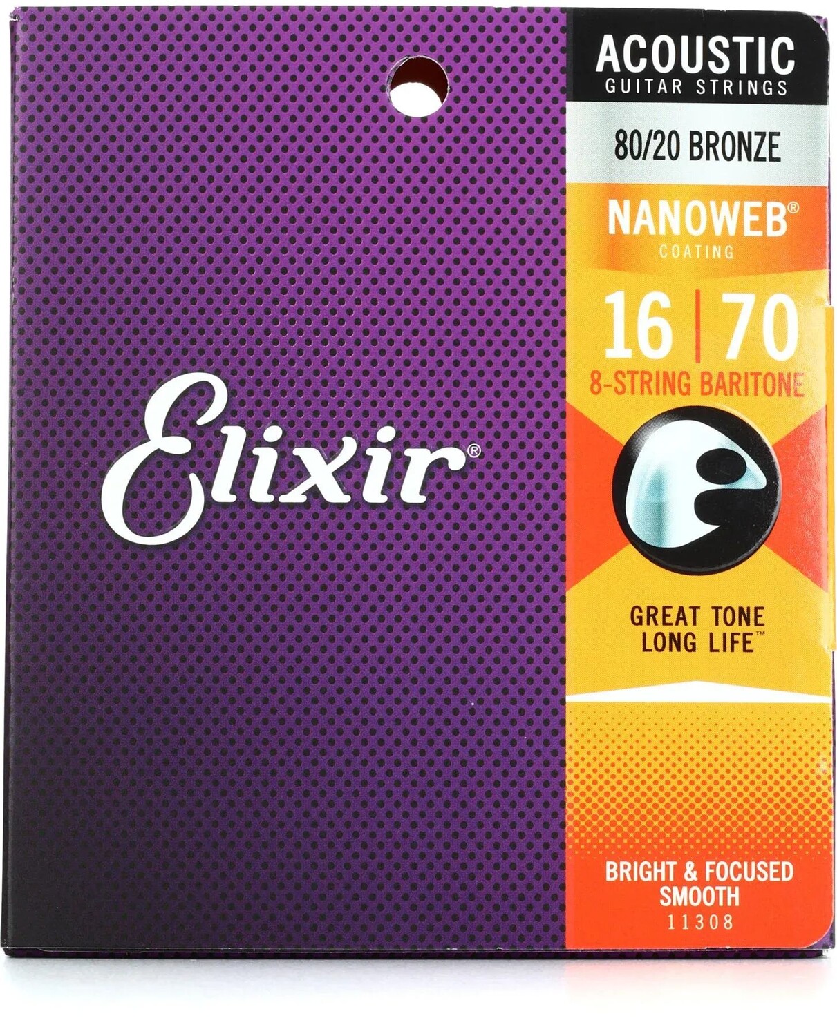 

Elixir Strings 11308 Nanoweb 80/20 Бронзовые струны для акустической баритоновой гитары — .016-.070, 8-струнная