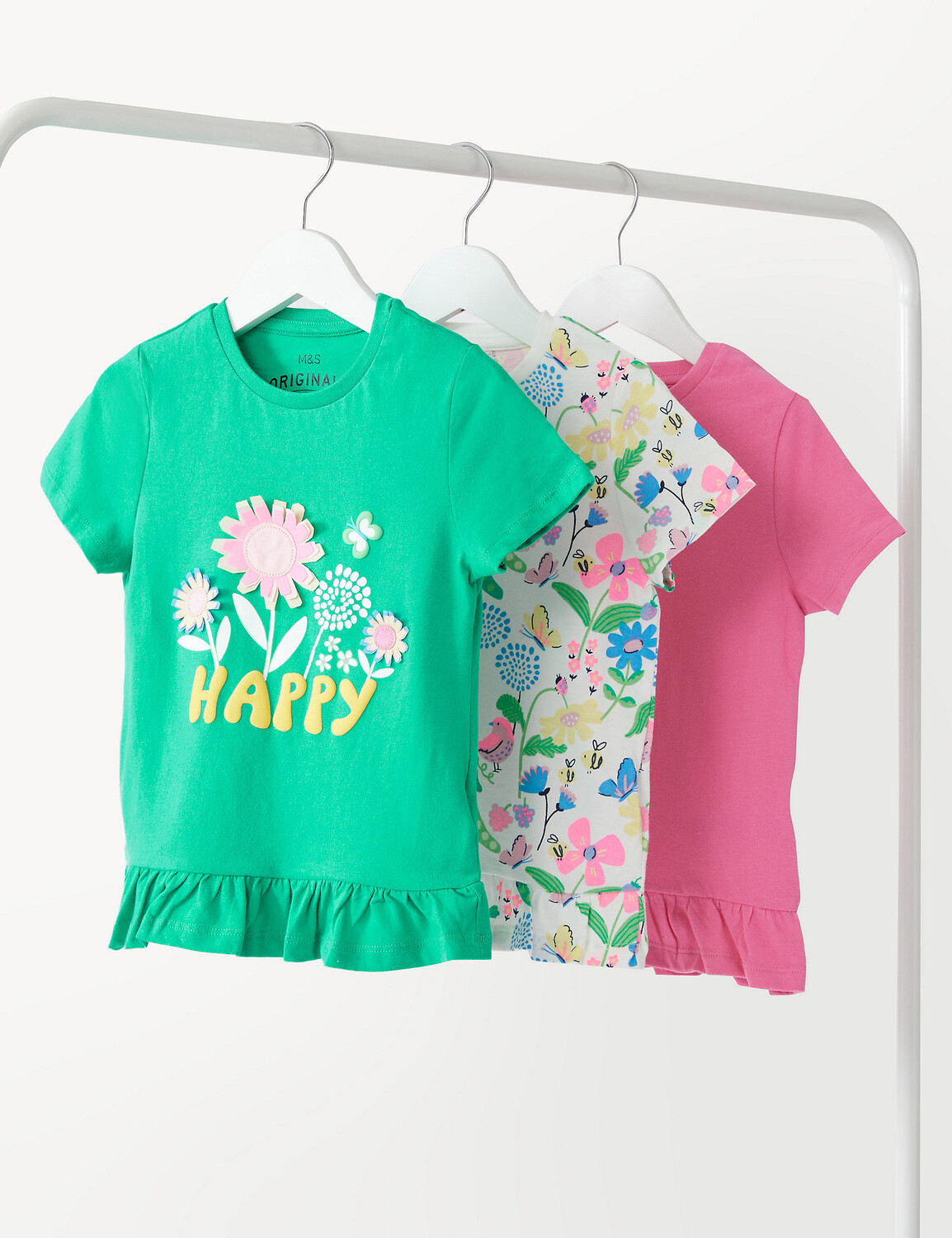 

3 пары футболок с цветочным принтом из чистого хлопка (2–8 лет) Marks & Spencer, зеленый