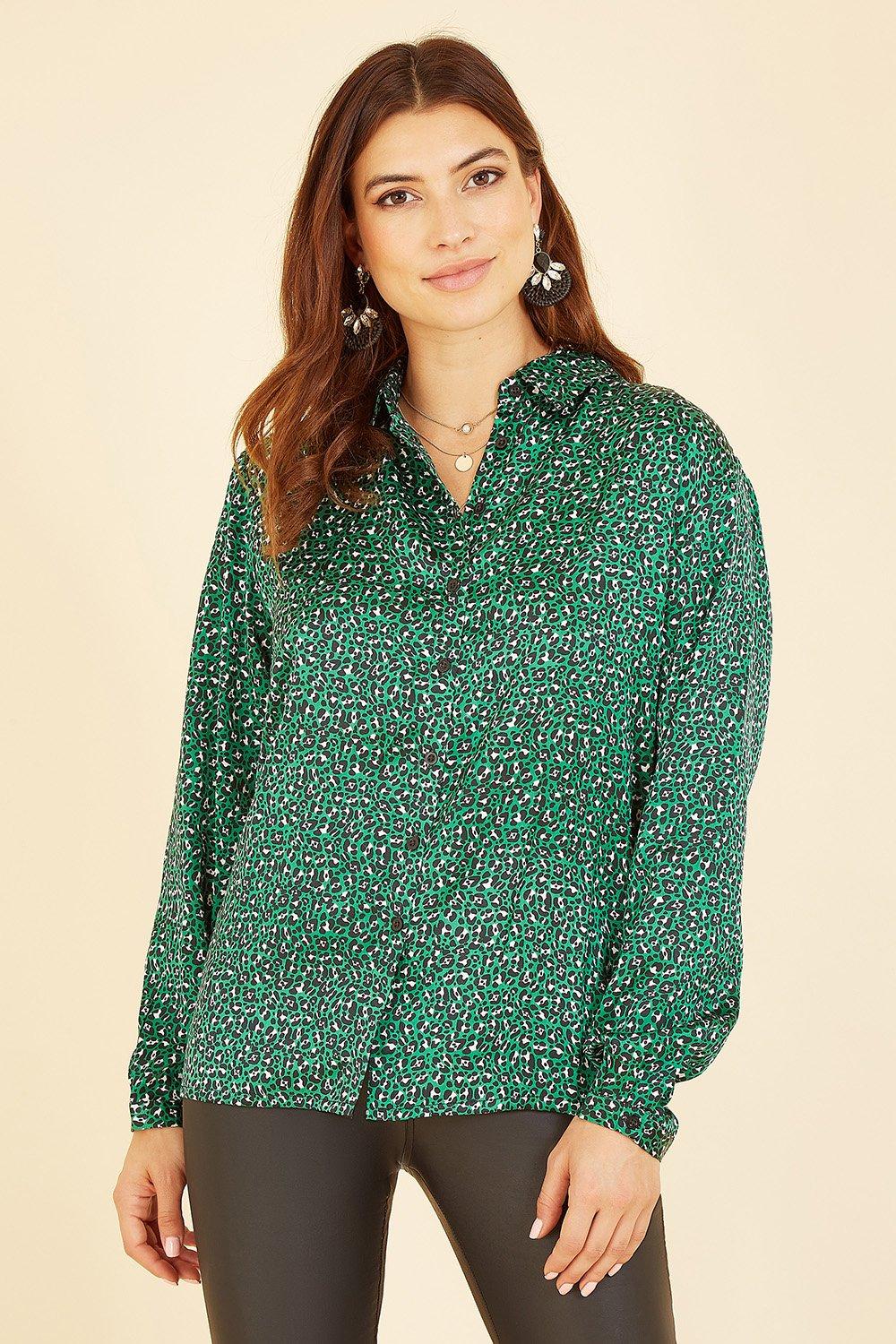 Зеленая свободная рубашка с леопардовым принтом Yumi, зеленый