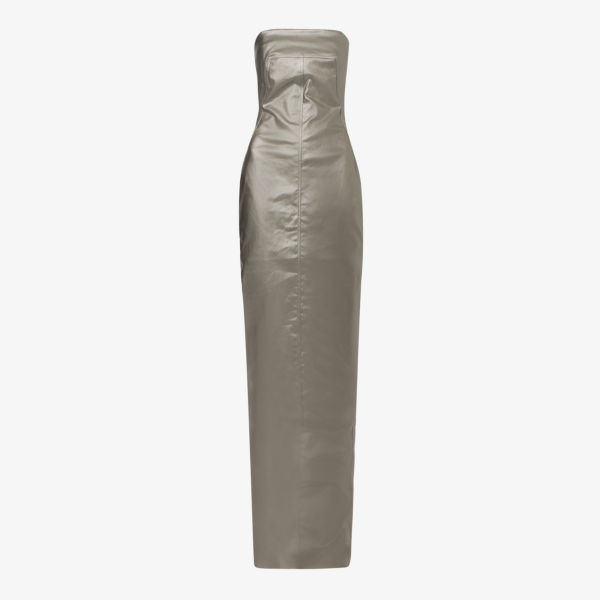 цена Платье макси из хлопка с покрытием и прямым вырезом металлик Rick Owens, цвет gun metal