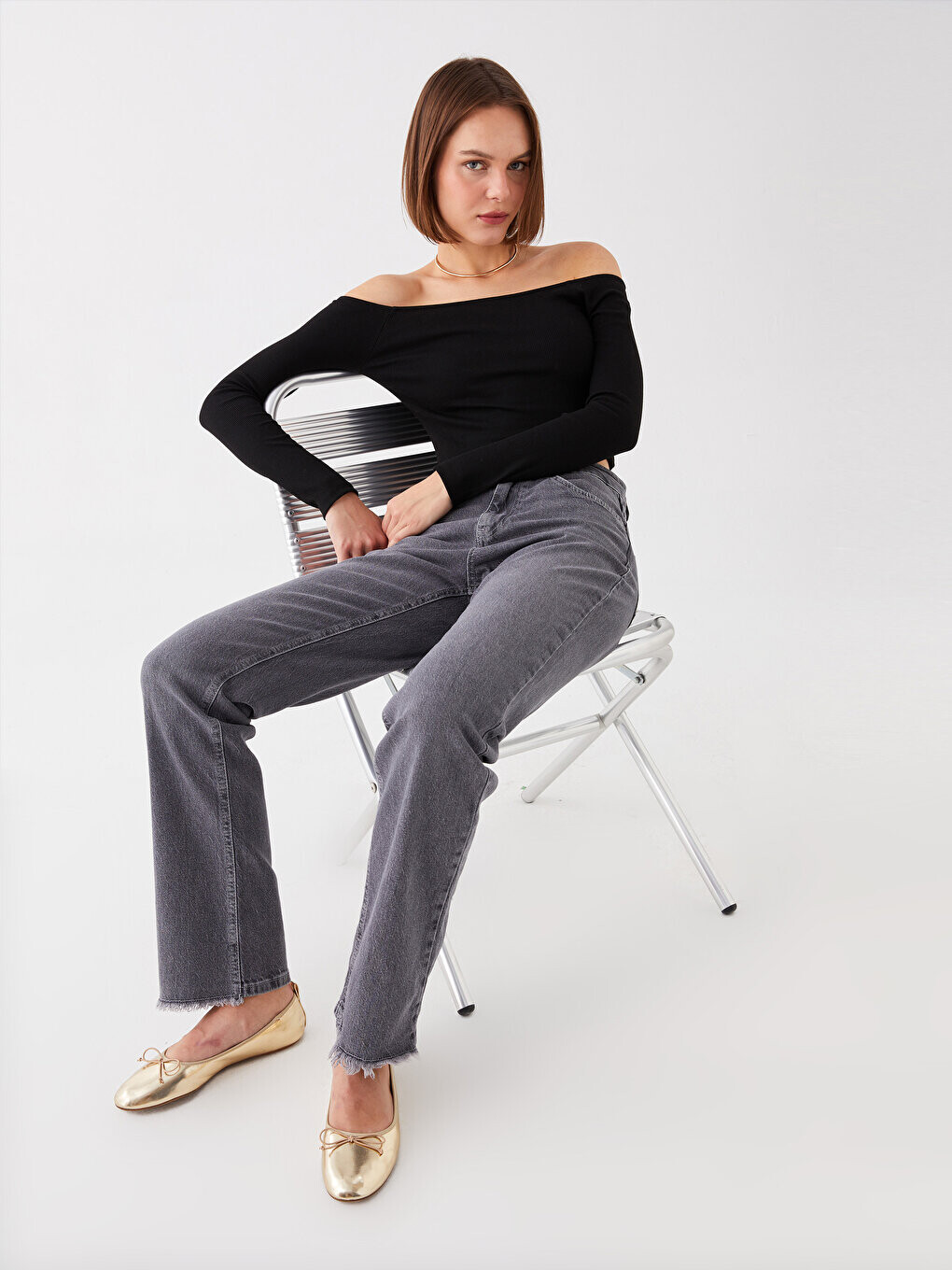 

Женские джинсовые брюки прямого кроя LCW Casual, серое родео, Серый