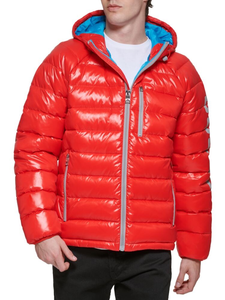 

Пуховик с логотипом и капюшоном Guess, цвет Crimson