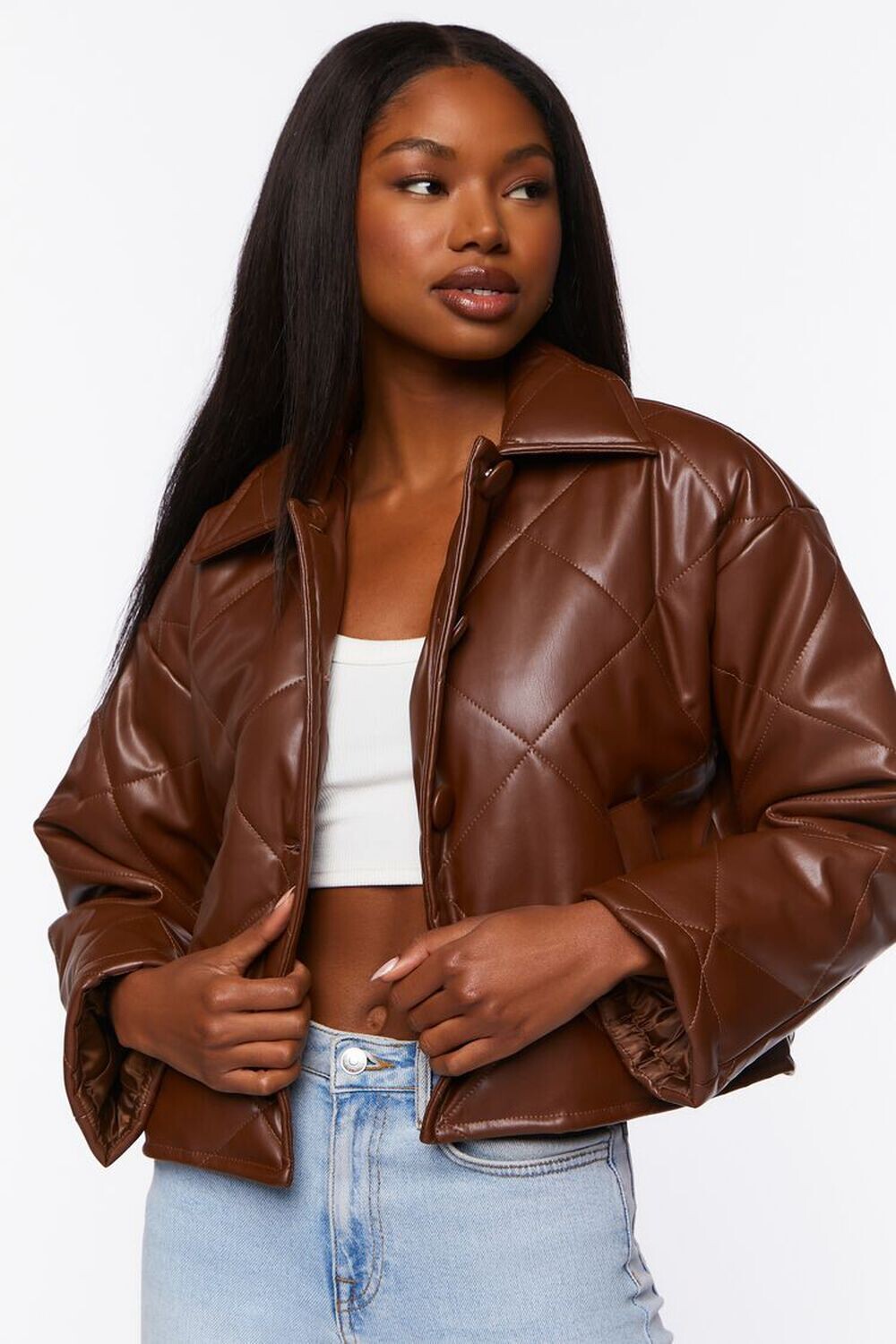 

Стеганая куртка из искусственной кожи Forever 21, коричневый