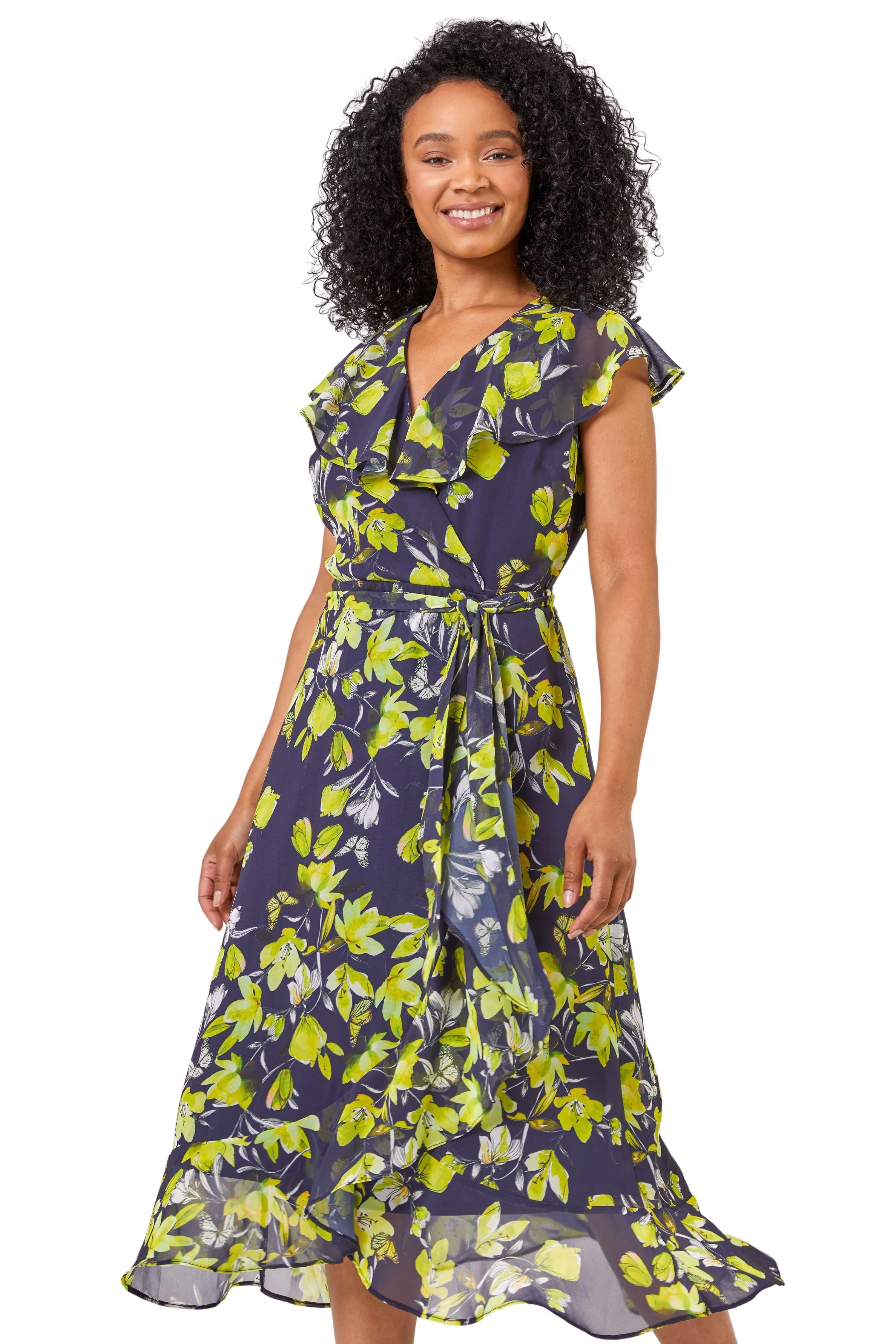 Миниатюрное шифоновое платье с запахом и оборками с цветочным принтом Roman, синий женское шифоновое платье с цветочным принтом v образным вырезом и оборками
