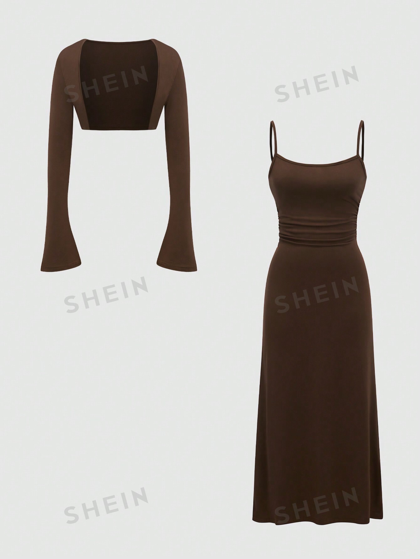 цена SHEIN MOD женское однотонное платье-комбинация с плиссированной талией и открытой передней частью с рукавами-колокольчиками, коричневый