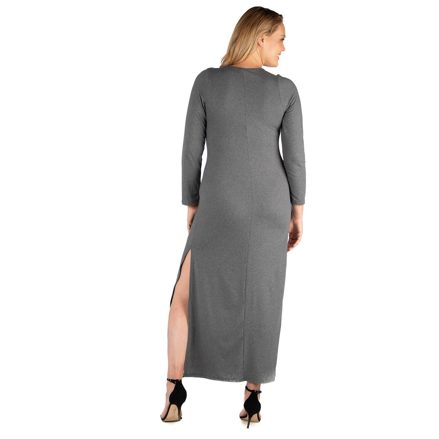 Плюс размер 24seven Comfort Apparel Приталенное платье макси с длинными рукавами и разрезом по бокам 24Seven Comfort Apparel, серый