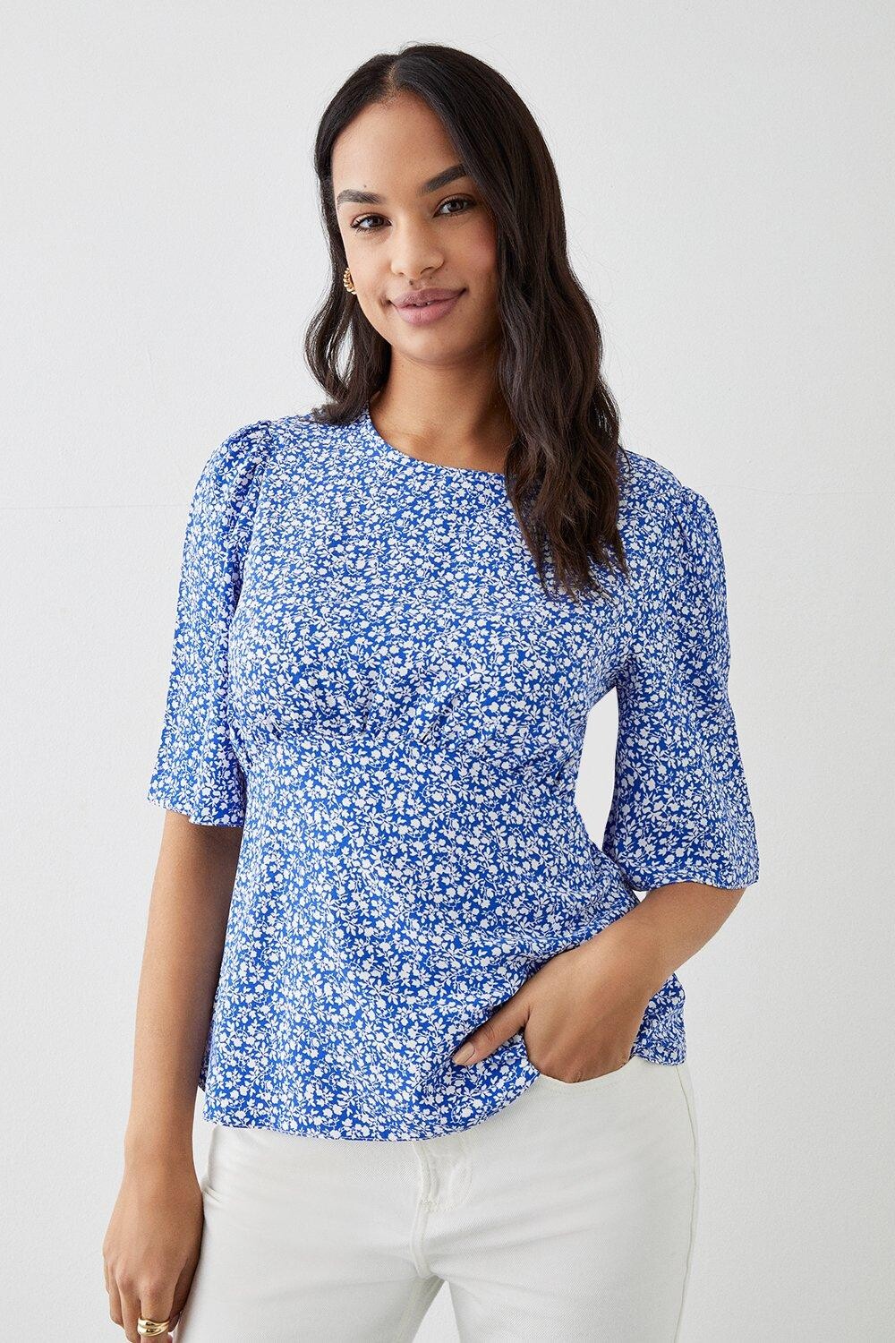 

Синяя чайная блузка с рукавами ангела и цветочным принтом Dorothy Perkins, синий