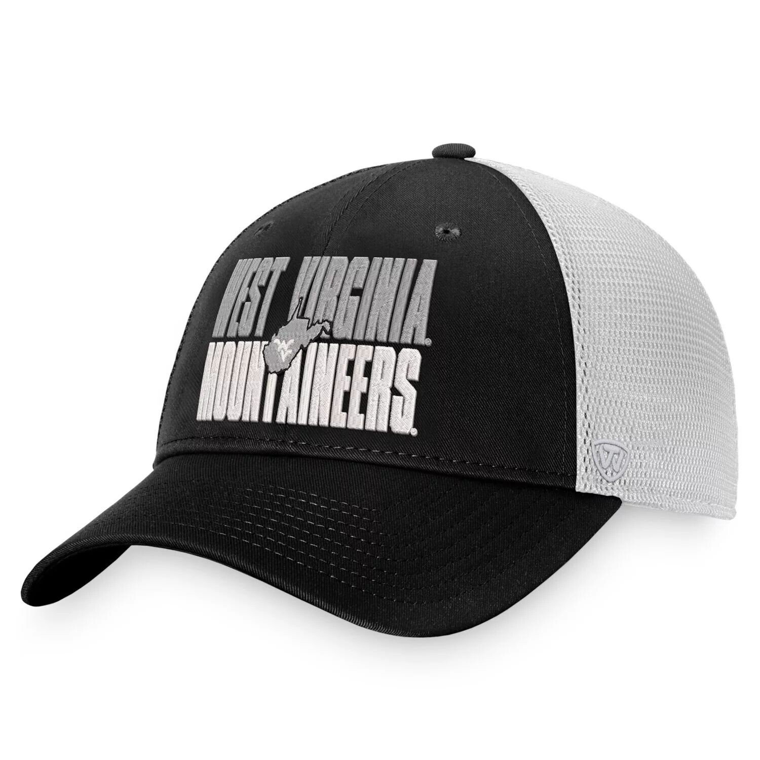 

Мужская черная/белая кепка Top of the World West Virginia Mountaineers Stockpile Trucker Snapback