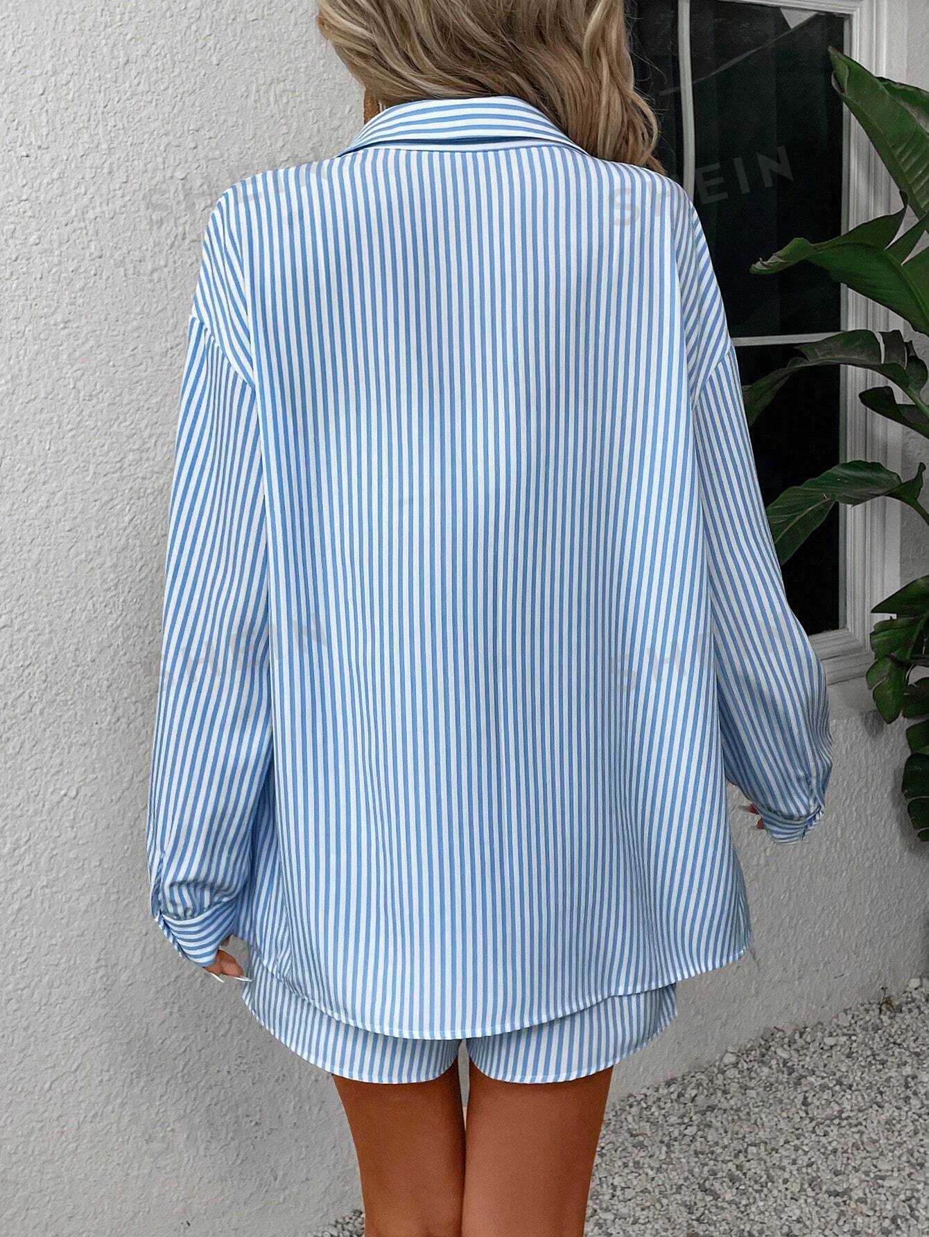 SHEIN VCAY Женский комплект из рубашки и шорт в полоску с заниженными плечами, многоцветный