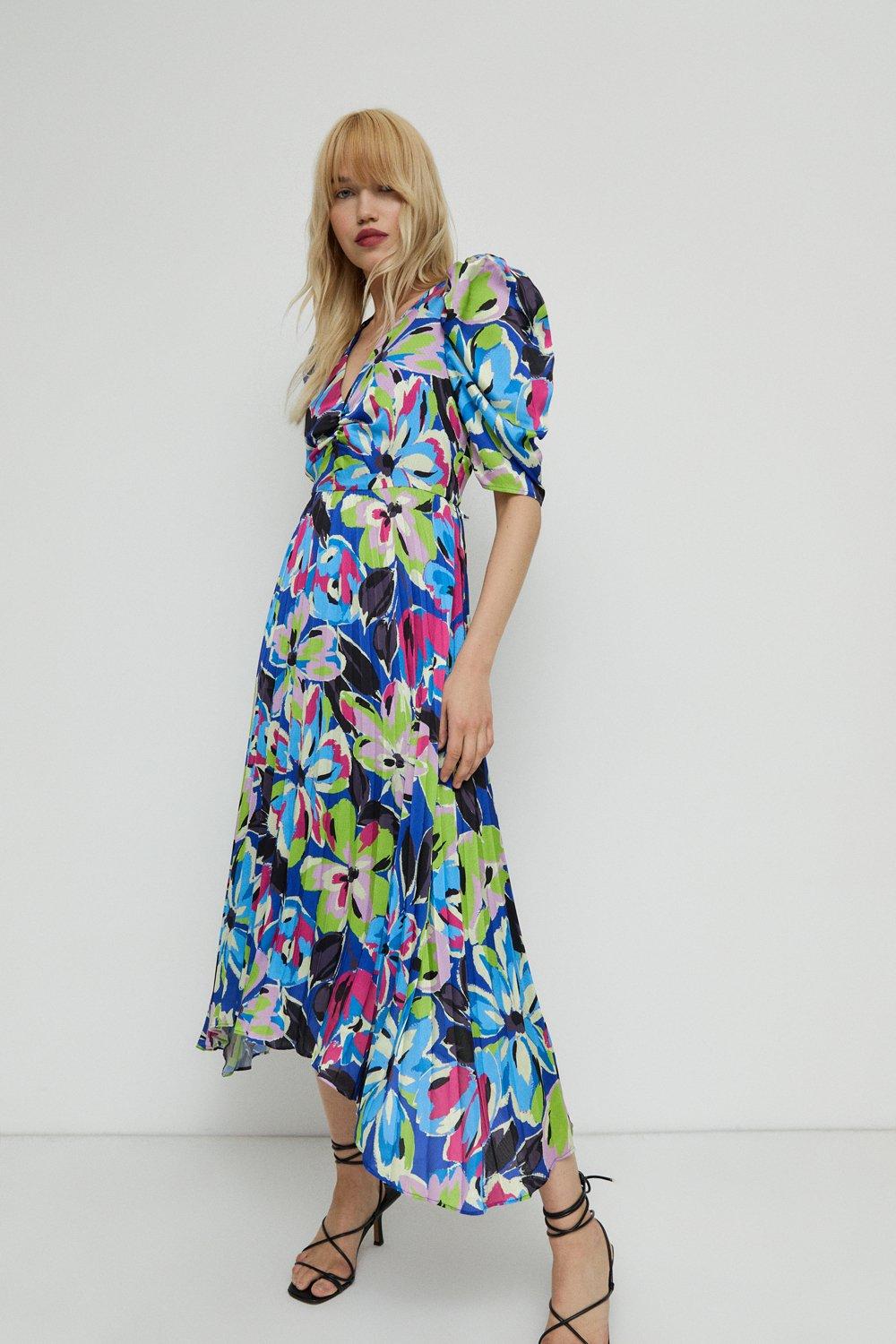 Плиссированное платье-миди с цветочным принтом Warehouse, мультиколор