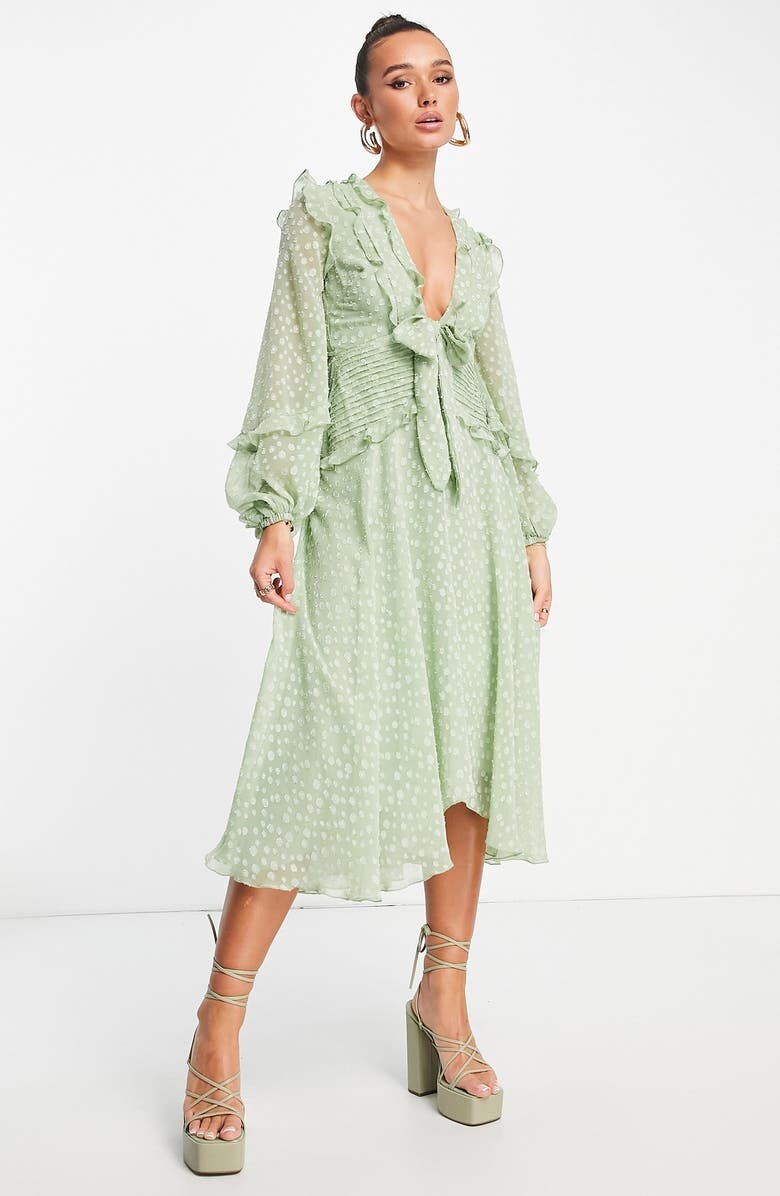 

Шифоновое платье в горошек с вырезами и длинными рукавами ASOS DESIGN, светло-зеленый