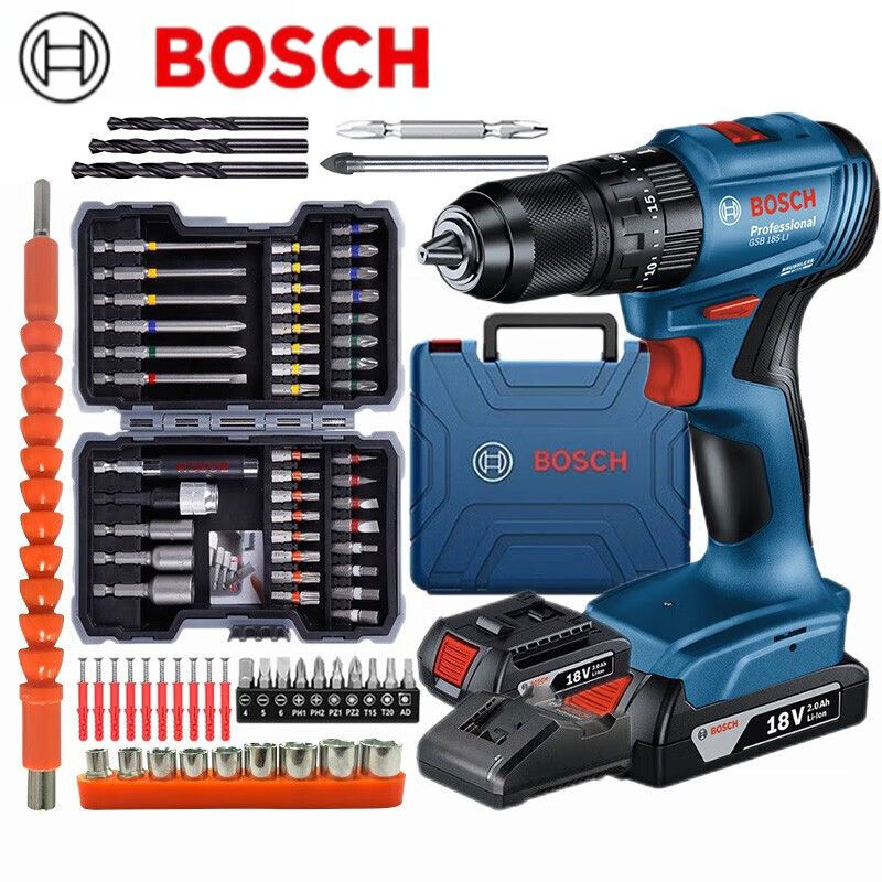 Дрель электрическая Bosch GSB 185-Li + насадки, два аккумулятора, зарядное устройство