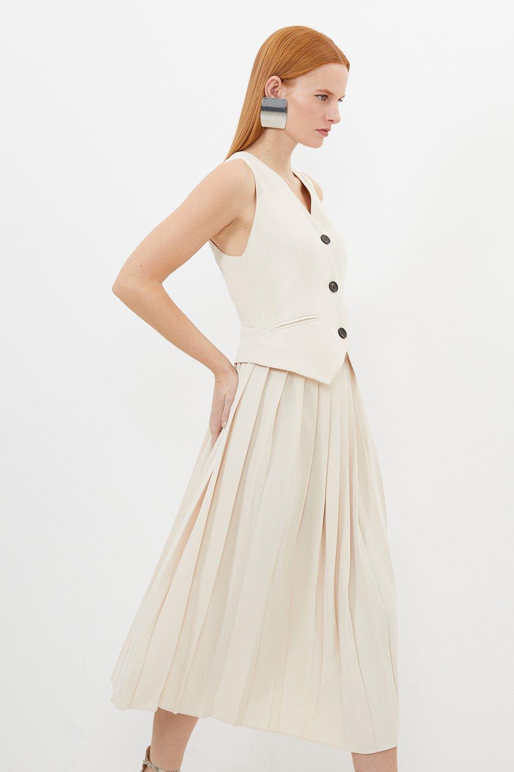 Платье-миди с жилетом и плиссированной юбкой из крепа на заказ Karen Millen, белый