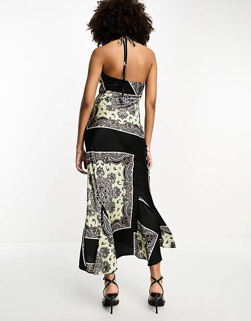 

Атласное платье миди с бретельками и принтом бандана ASOS DESIGN