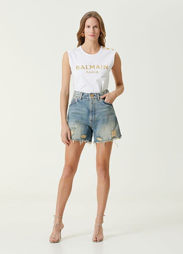 

Джинсовые шорты с потертостями Balmain, синий