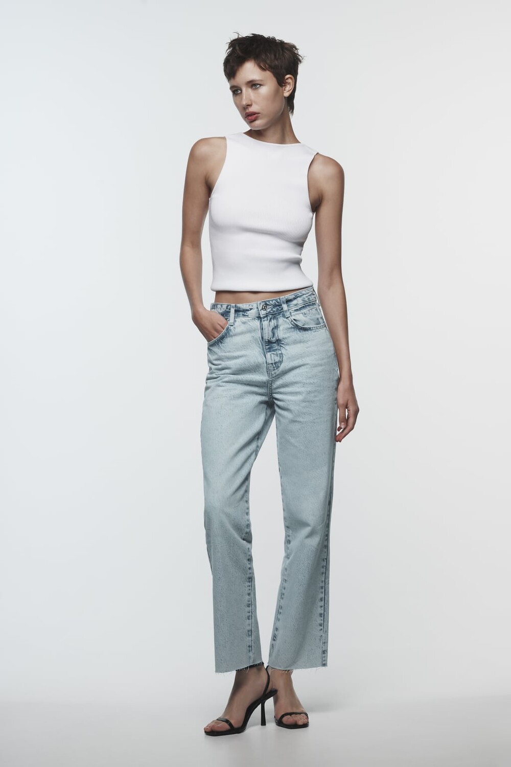 

Прямые укороченные джинсы с высокой посадкой ZARA, синий