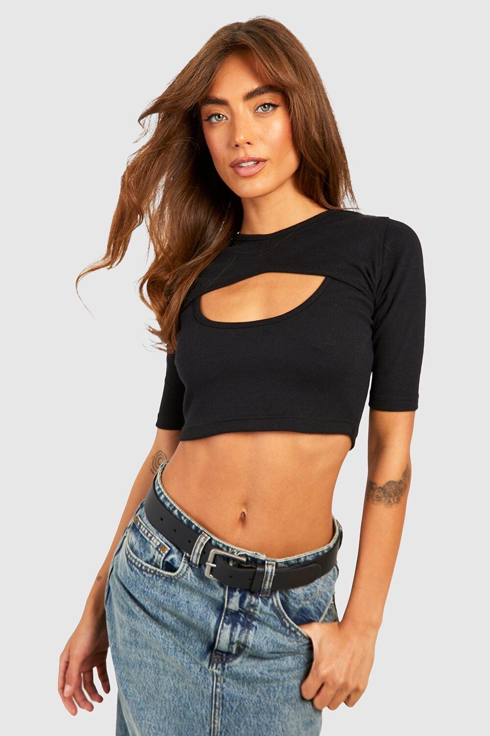 

Укороченный топ с вырезным вырезом basic rib Boohoo, черный