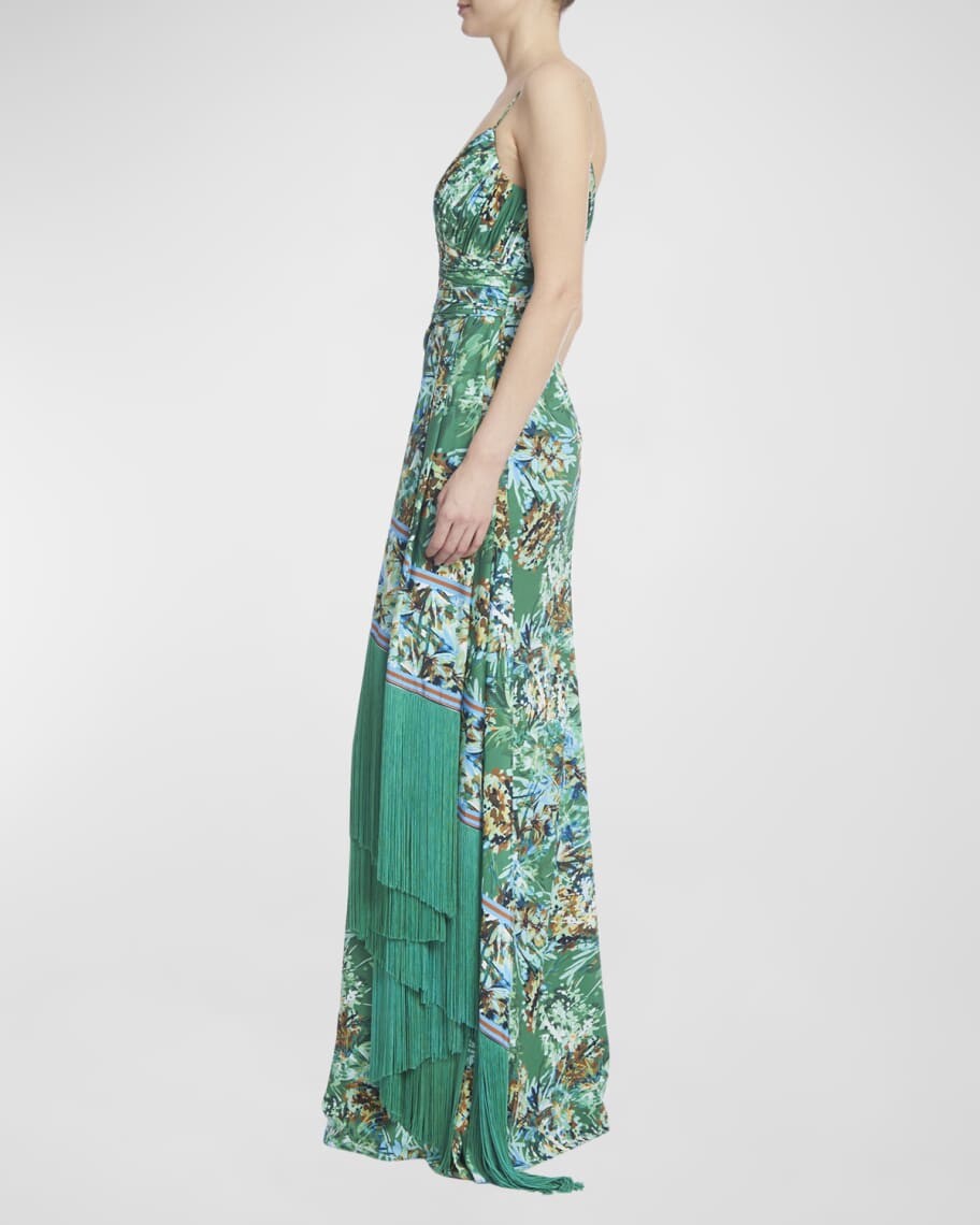 

Платье макси с драпировкой и цветочным принтом с отделкой бахромой Badgley Mischka Collection