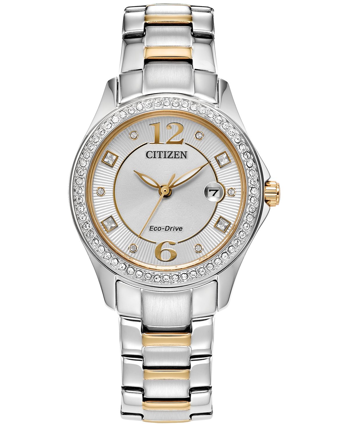 цена Eco-Drive Женские двухцветные часы с браслетом из нержавеющей стали с кристаллами, 30 мм Citizen