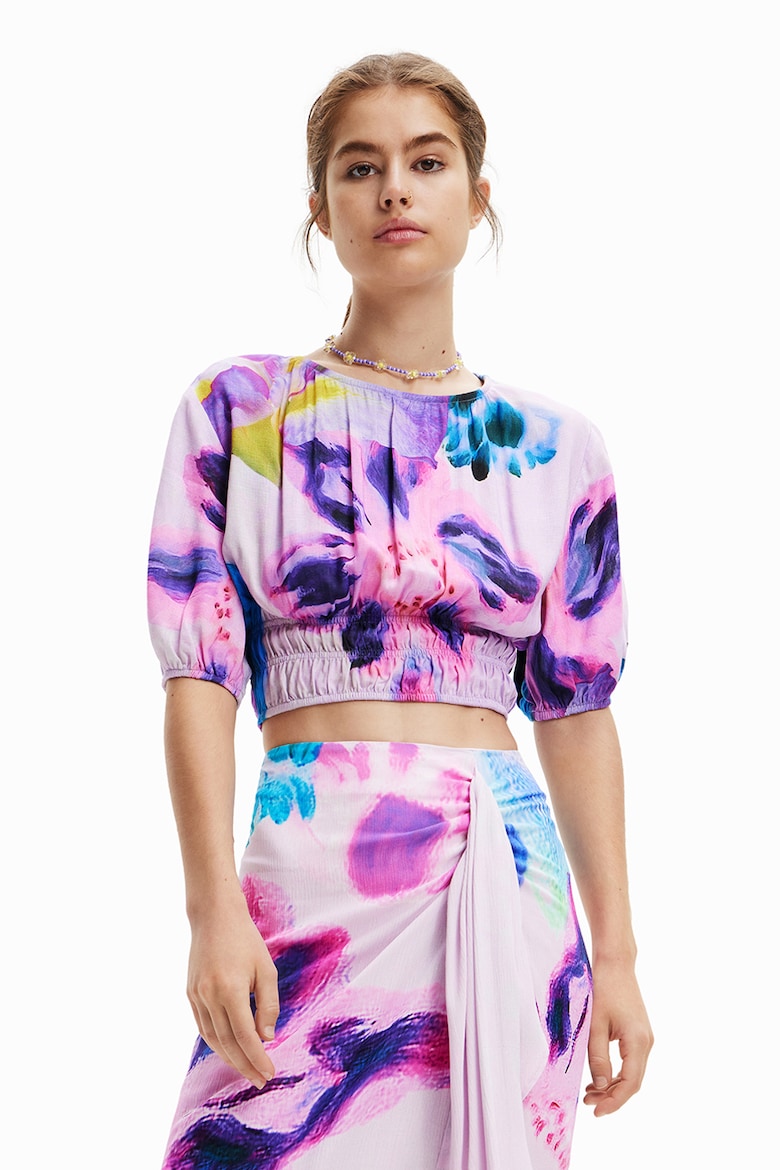 Короткая блузка с цветочным принтом Desigual, фиолетовый короткая блузка с цветочным принтом defacto зеленый