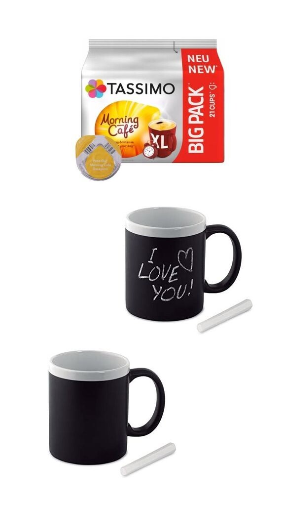 

Tassimo Morning Café XL, 21 кофейная капсула в большой упаковке, 163,8 г плюс 2 стакана с ручками, на которых можно писать мелом, 300 мл James Premium