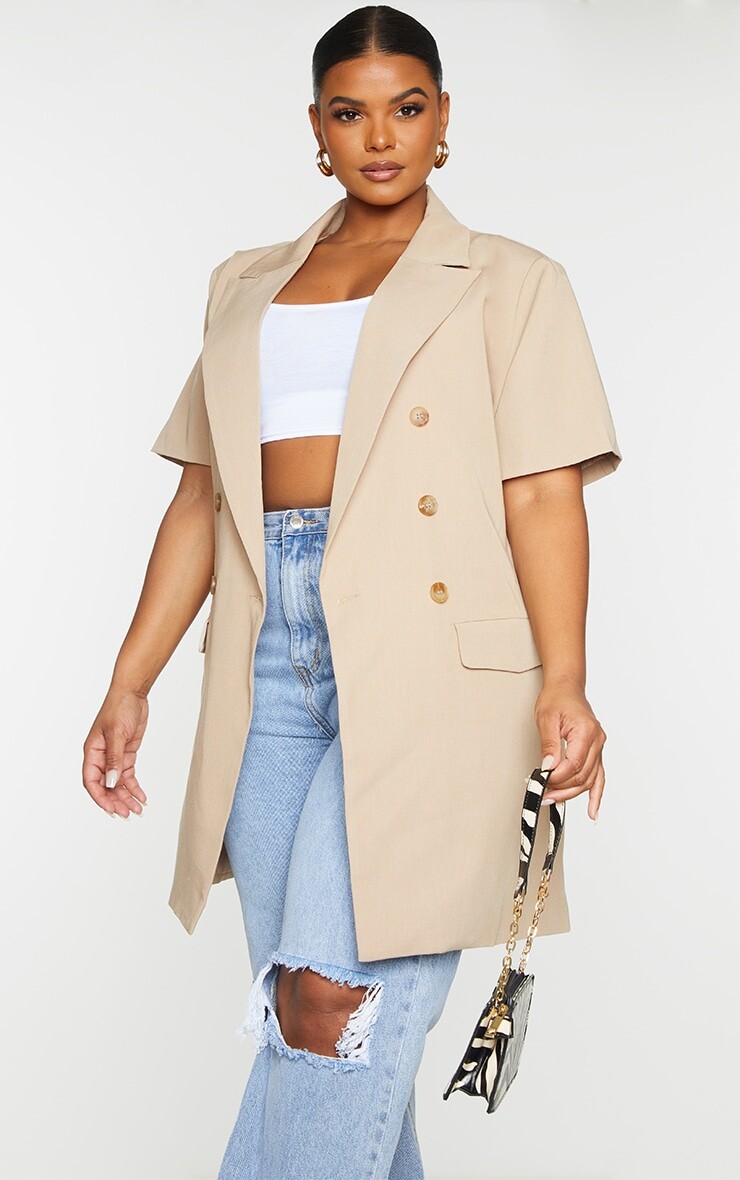 

PrettyLittleThing Кремовый длинный тканый пиджак с короткими рукавами Plus