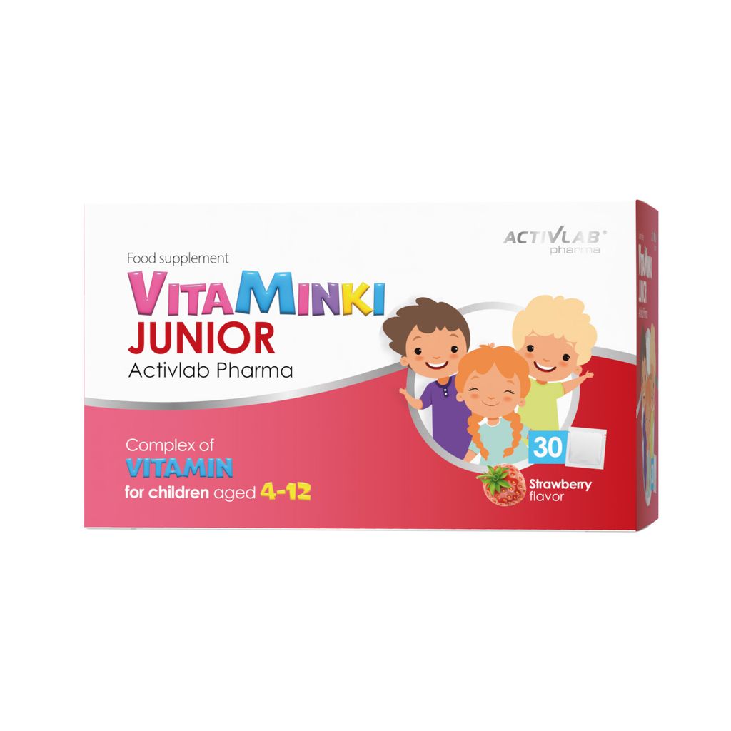 

Activlab Pharma VitaMINKI Junior, 30 пакетиков клубники, витаминный набор для детей, витамины А, D, Е, С, В6, В12