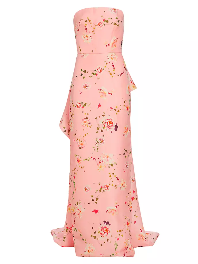 Шелковое платье с шлейфом и цветочным принтом Monique Lhuillier, мультиколор