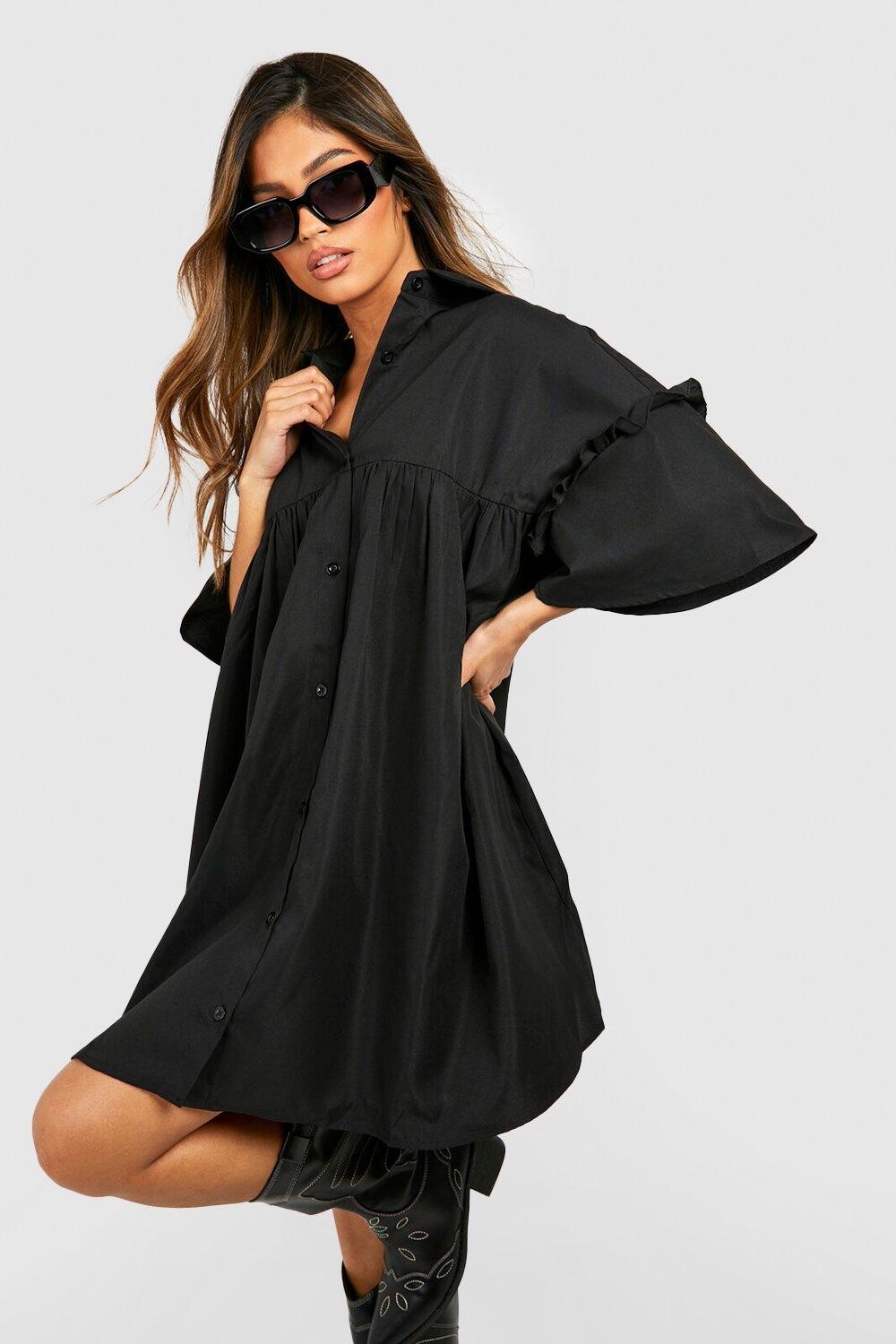 

Свободное мини-платье с пышными рукавами и пуговицами boohoo, черный