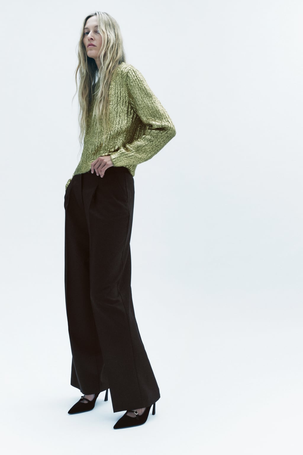 

Широкие брюки с боковыми хлястиками ZARA, хаки
