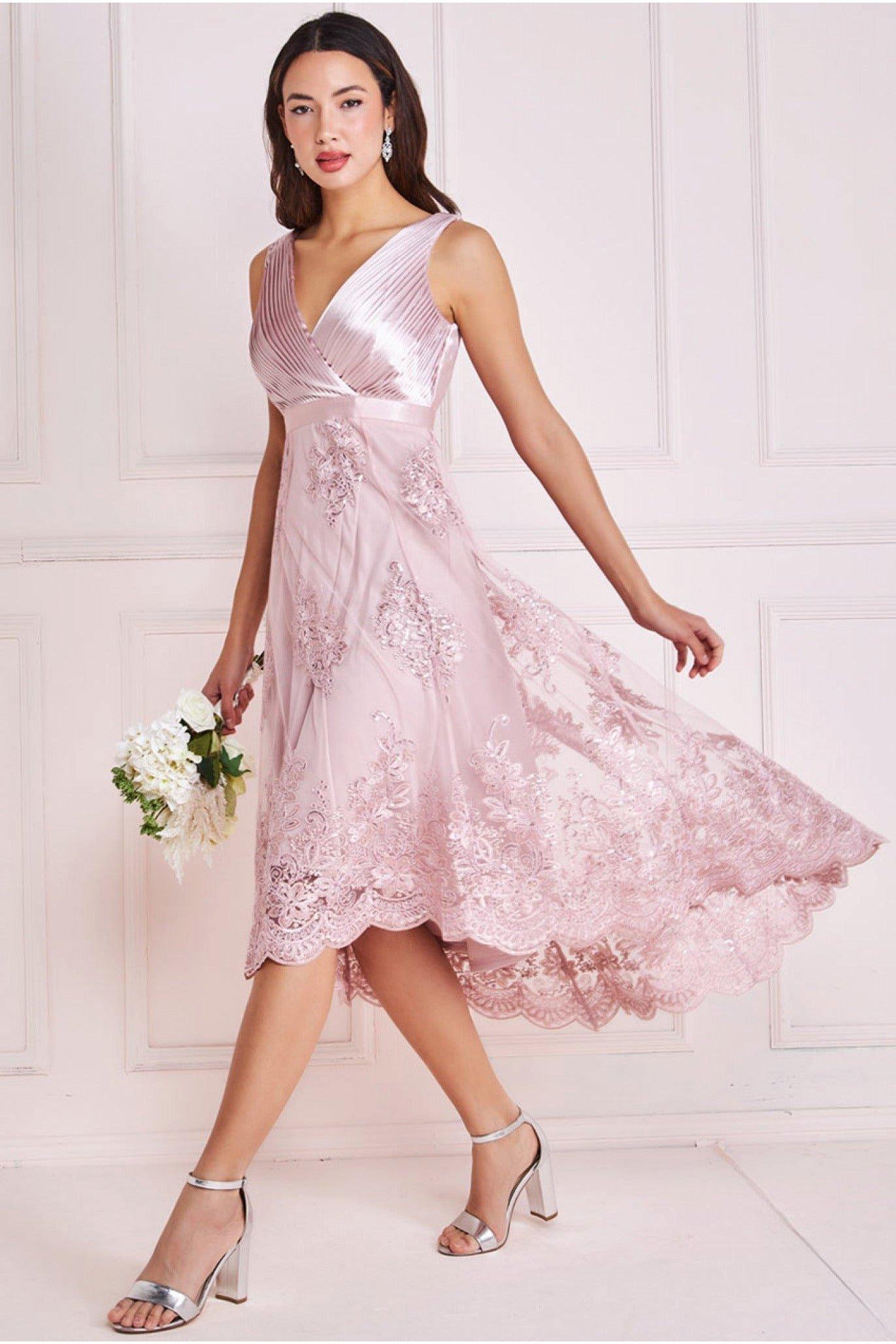 Плиссированный атлас с V-образным вырезом, высокий и низкий миди Goddiva, розовый сексуальное атласное вечернее платье jeheth с разрезом по бокам с юбкой годе v образным вырезом на тонких бретельках плиссированное формаль