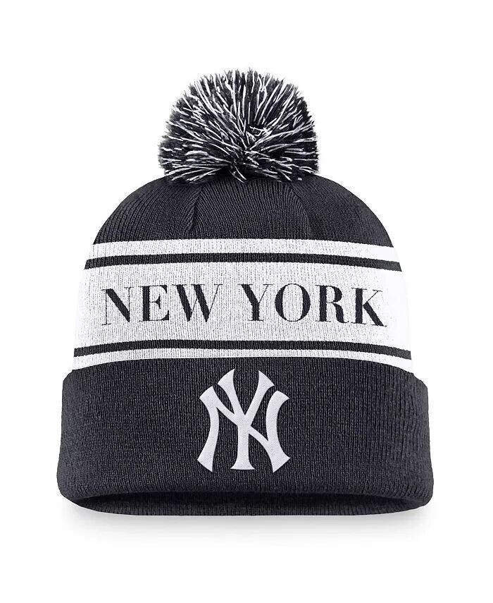 

Мужская темно-синяя вязаная шапка с манжетами и помпоном в полоску New York Yankees Team Nike, синий